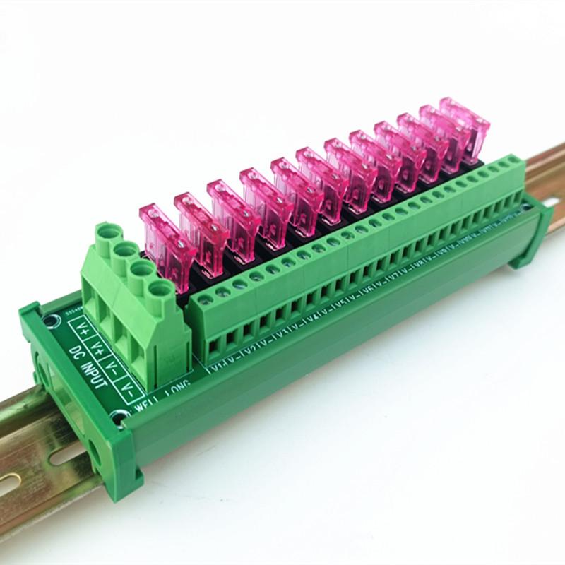12 Position DIN Rail Mount DC Power Fuse Distribution Strip Module Terminal Block