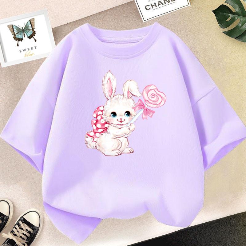 Cute Cartoon Rabbit Lollipop Print T Shirts Student Girls Kawaii Tee High Quality Cotton Summer Short Sleeve Casual Tops