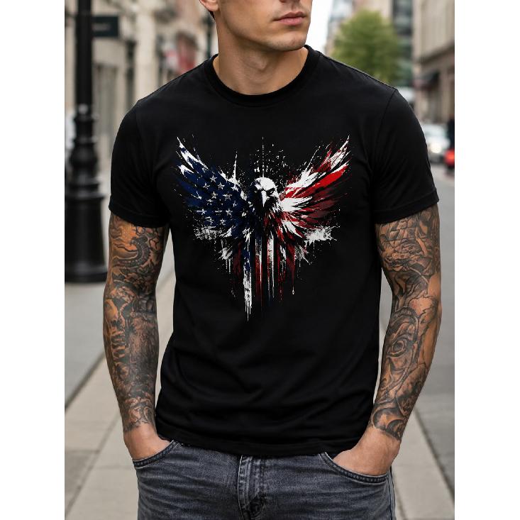 Men s black short sleeve t-shirt with patriotic eagle graphic, crew neck, soft cotton blend, relaxed fit for casual daily wear or outdoor activities S чёрный