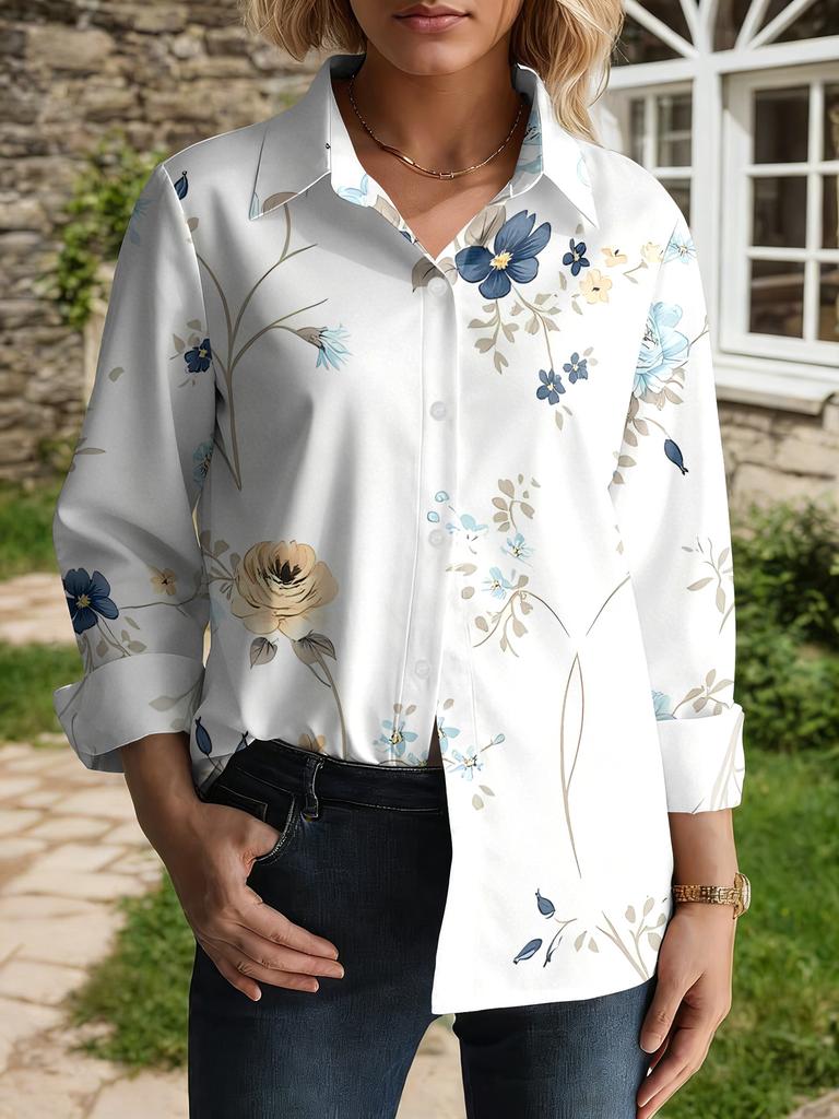 Casual and Fashionable Women's Outdoor Long-sleeved Cardigan Shirt with Blue and Yellow Flowers On White Background
