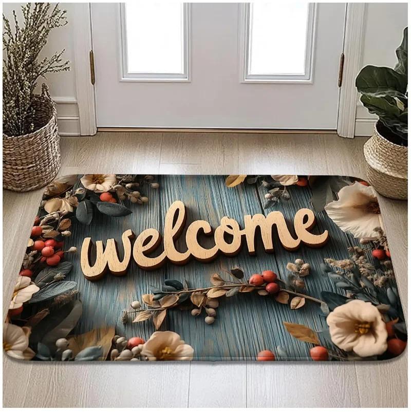 Retro Wooden Floral Welcome Mat Anti Slip Entrance Door Mat Home Decoration Indoor and Outdoor Carpet Bathroom Mat