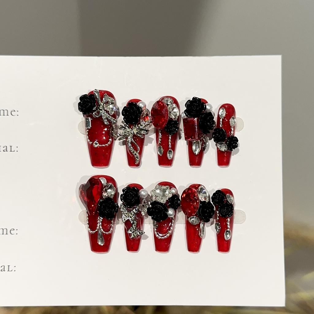 Red Medium Coffin Press On Nails Square Fake Nails French Tip Glue On Nail with Design Reusable False Acrylic Nails Full Cover Stick On Nail for Women