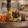 Classroom Halloween Display Pieces Retro Pumpkin Witch Cat Ghost Figurines with Crescent Base, Spooky Rustic Tiered Tray Decor Wooden Tabletop
