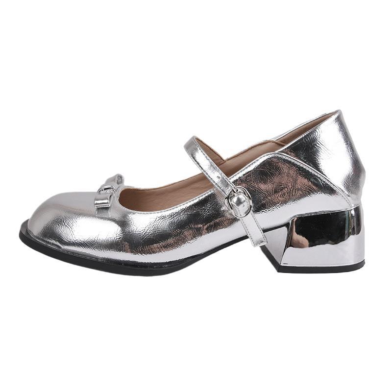 Нежные туфли Мэри Джейн на устойчивом толстом каблуке, с новым легким вырезом, милые серебристые, женские туфли-лодочки с круглым носком, летние