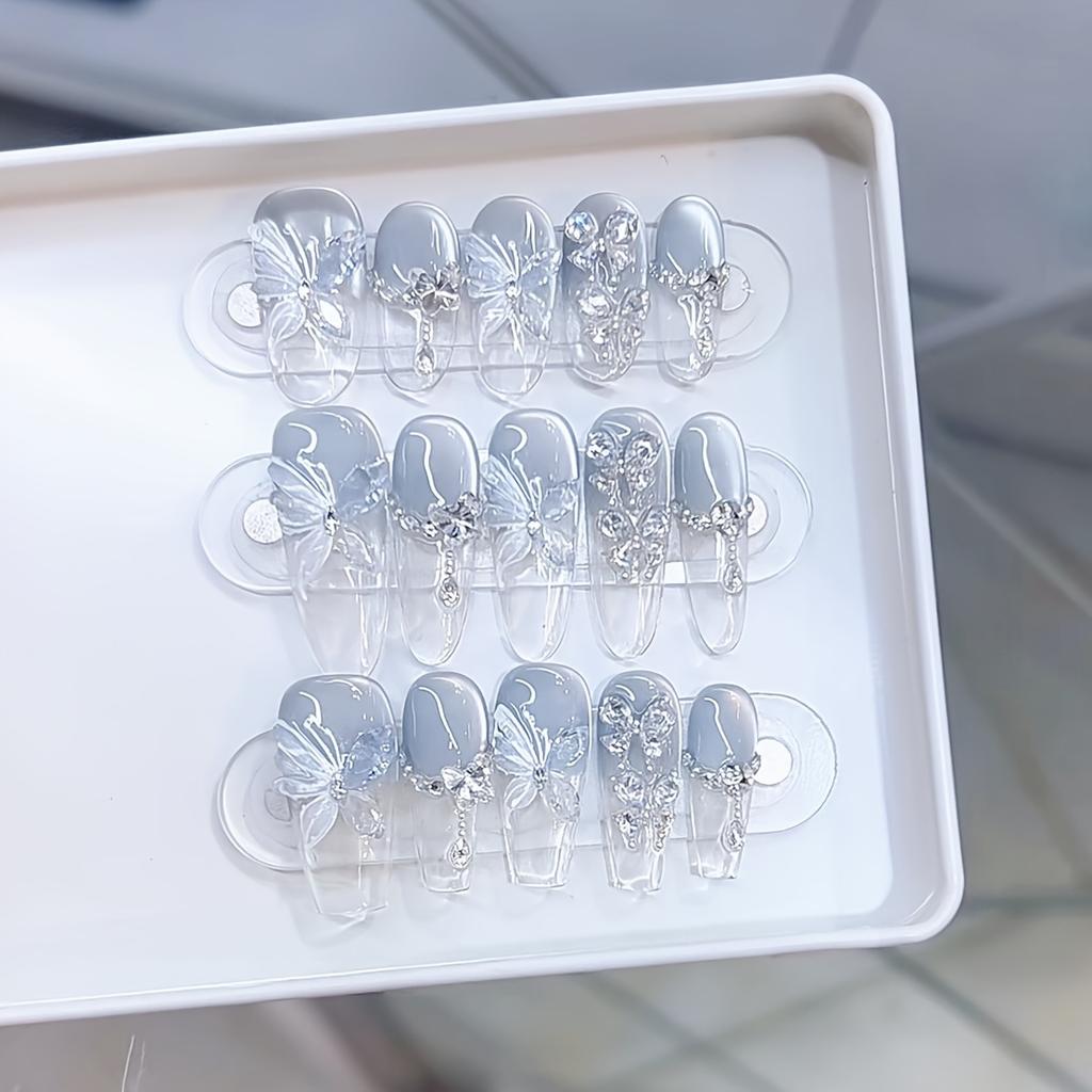 10pcs French Cat Eye Sea Ice Blue Transparent 3D Butterfly Handmade Press On Nails