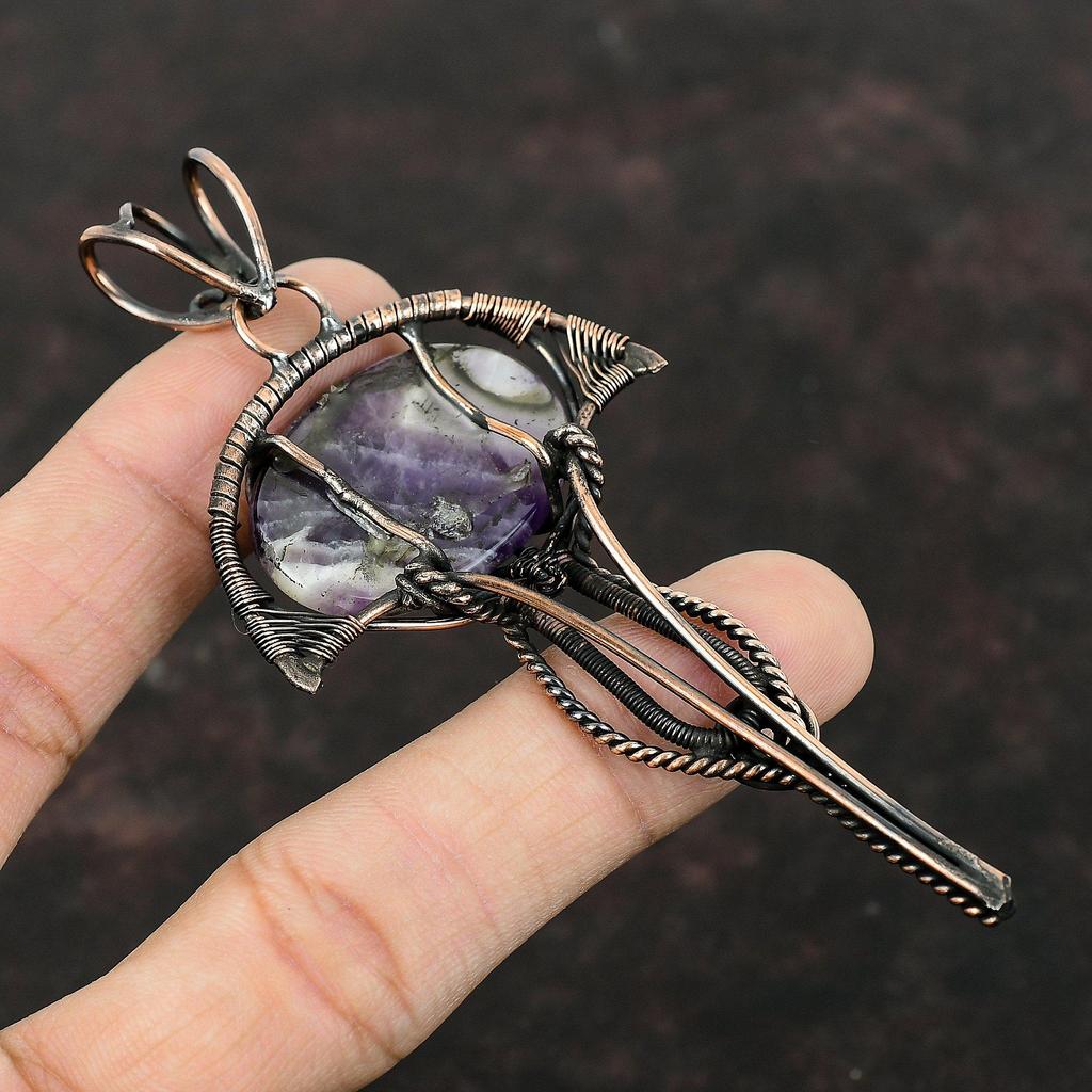 Chevron Amethyst Pendant Copper Wire Wrapped Pendant Gemstone Handmade Jewelry Women Pendant Designer Copper Jewelry Unique Pendant For Gift