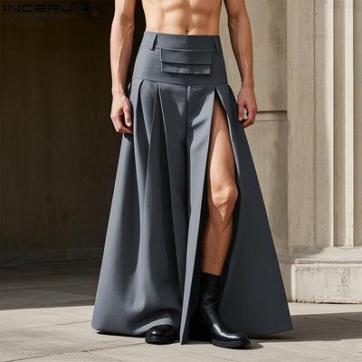Men High Waist Zip-Up Long Pleated Casual Splits Swing Kilt Skirts