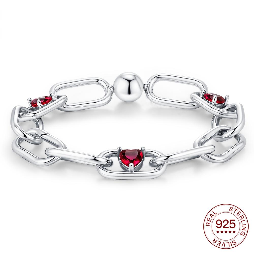 

New Bracelet 925 Silver Red Heart Me Chain Bracelet Charm Beaded Jewelry DIY Jewelry Making Gift For Women 17cm