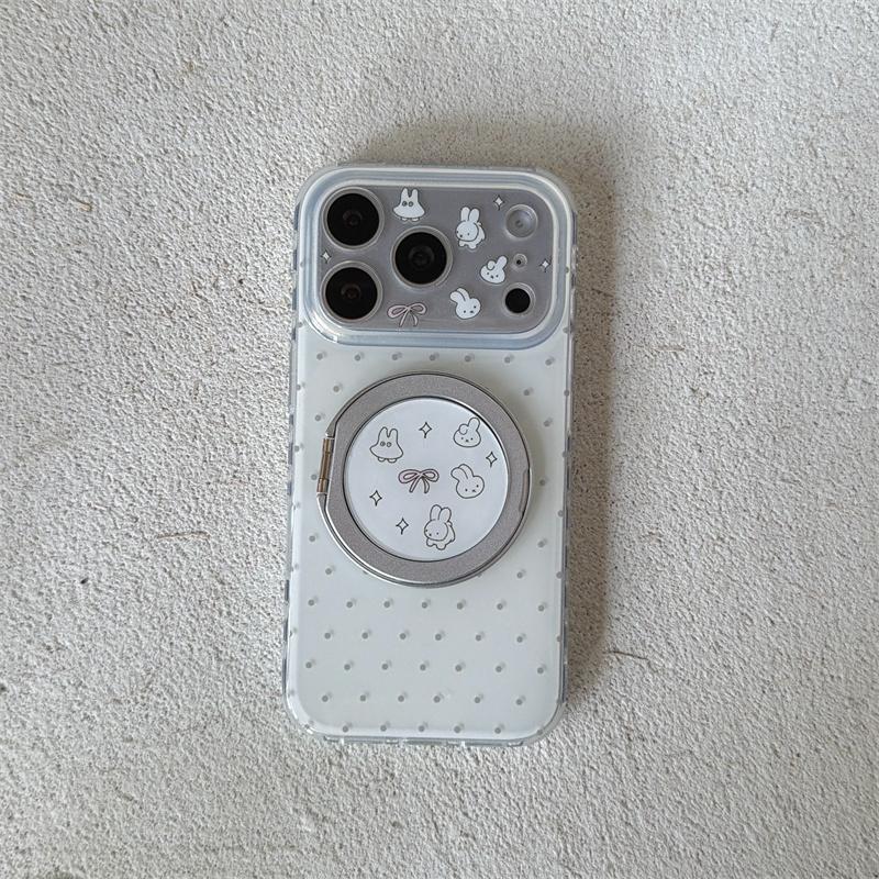 

Cute Kawaii White Polka Dot Phone Case For iPhone 17 16 15 14 Pro Max Bunny Bear Magnetic Ring Holder Protective Cover for Girls For iPhone 16Pro