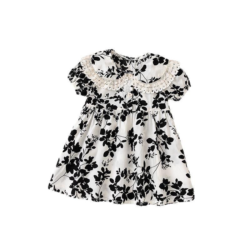 Summer Baby Girl Cotton Dress With Peter Pan Collar And Lace Trim Stylish Short Sleeve Dress For Toddler Kids