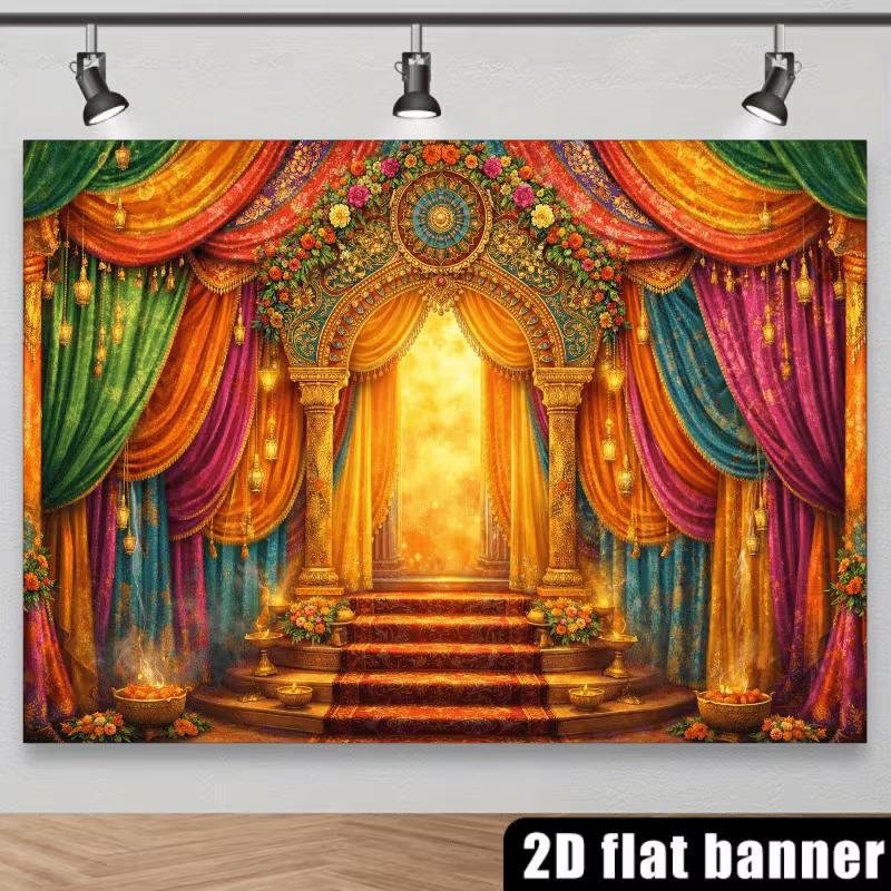 Opulent Indian Palace Tapestry, Regal Stage with Rich, Colorful Drapes and Golden Arch, Festive Bollywood Wall Art