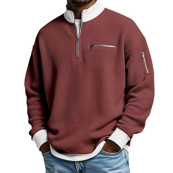Men Waffle Sweatshirt Quarter Zip Stand Collar Casual Pullover Color Block Long Sleeve Top for Office Street Gym Wear