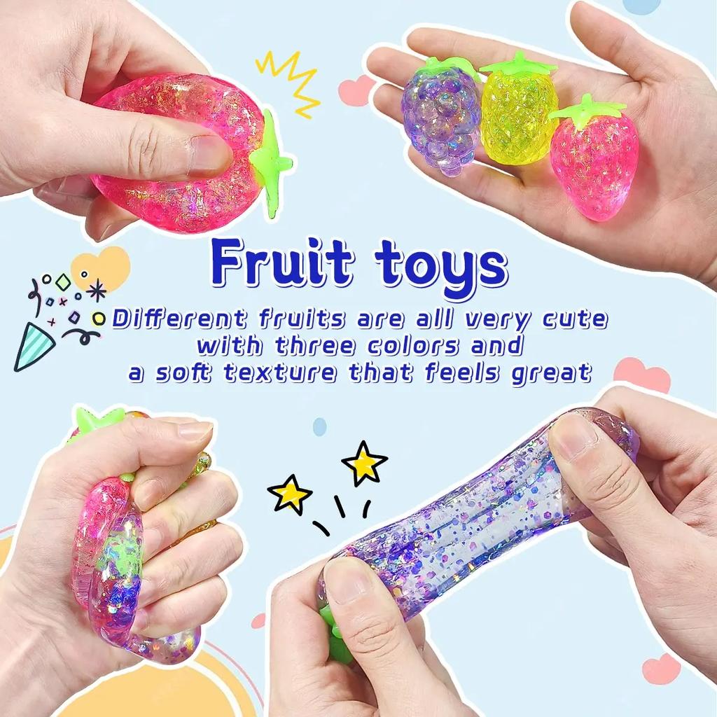 3Pcs Glittery Fruit Shaped Stress Relief Ball Set, Sensory Squeeze Toys, Random Style & Color