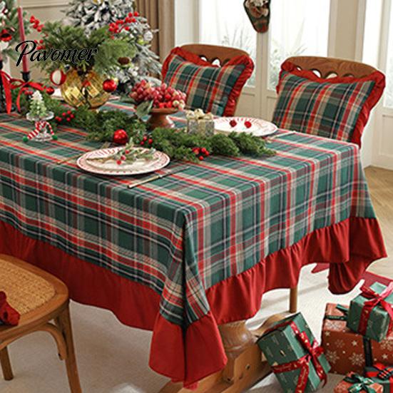 Holiday Home Table Linens Retro Plaid Christmas Runner, Red Ruffled Trim Decorative Mat, Classic British Style Flag & Green Mat for Dining,