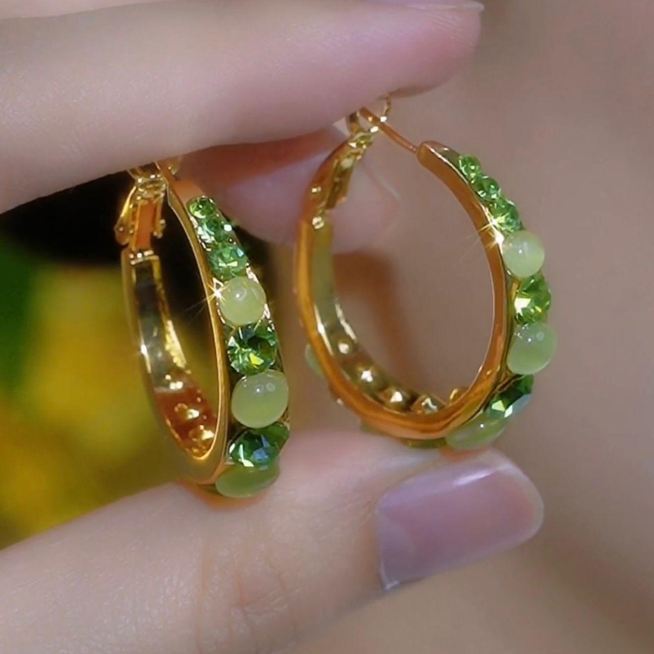 Зеленые Кристальные Серьги-Кольца Минималистичный Дизайн Элегантные и Роскошные Круглые Серьги для Женщин