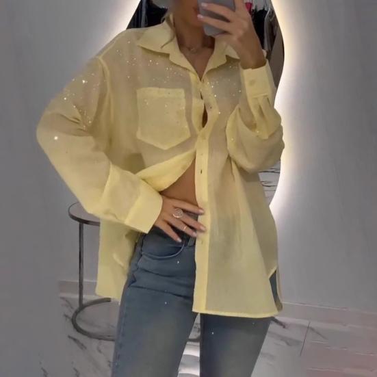 Dames Overhemd Revers Lange Mouw Goudstiksel Design Overhemd Tops Enkelrijig Effen Kleur Losvallend Dunne Overhemd Dagelijks Gebruik