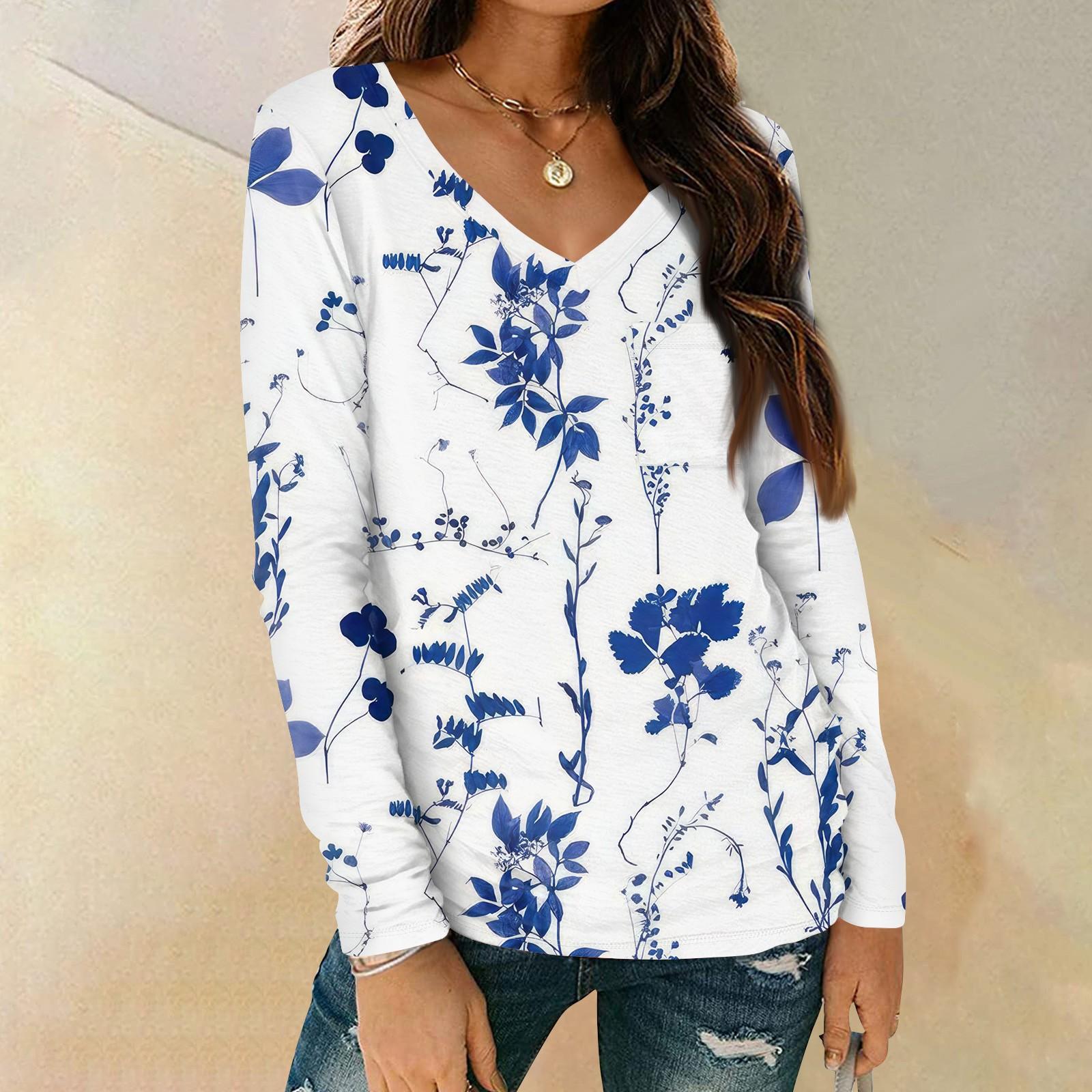 

Женская мода повседневная блузка с длинным рукавом и цветочным принтом, V-образным вырезом и карманами XXXL киноварь