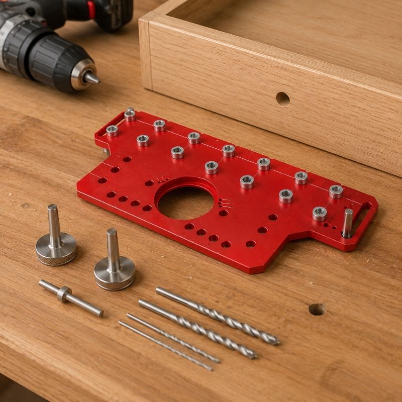 Cabinet Hole Drilling Guide with Aluminum Plate, Guide Bushings and Metal Parts for Shelf Pin Layout and Furniture Assembly Work Tasks