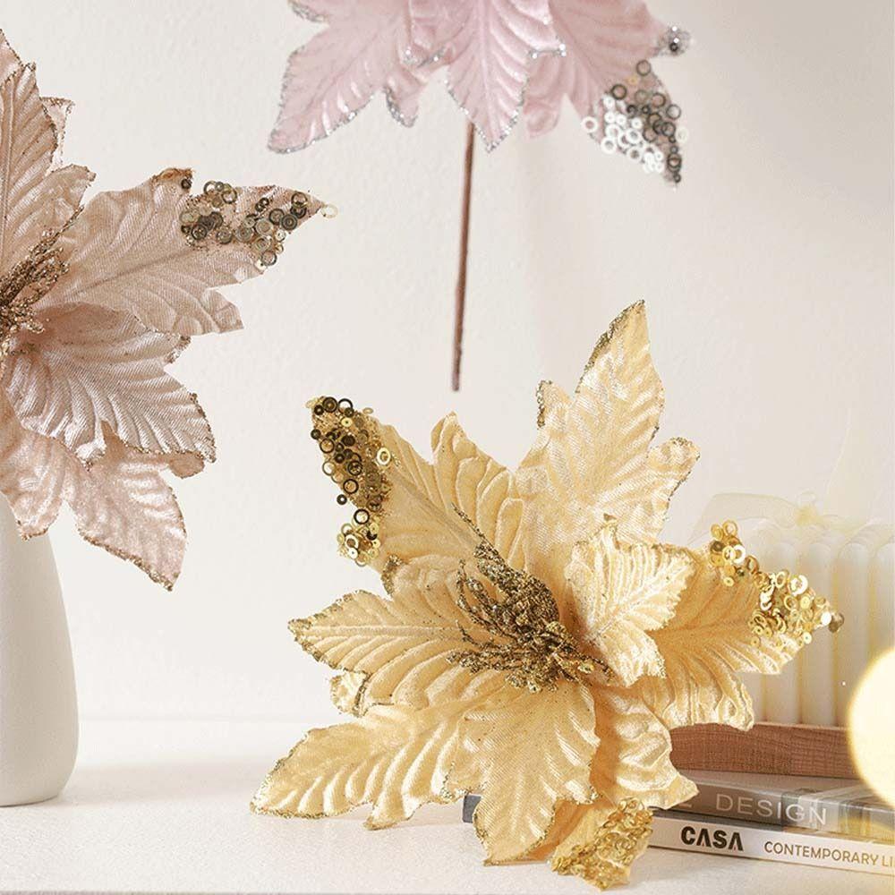 25cm Christmas Poinsettia Glitter Flower Sequins Large Artificial Christmas Flower Flocking DIY Wreath Simulated Flower Head