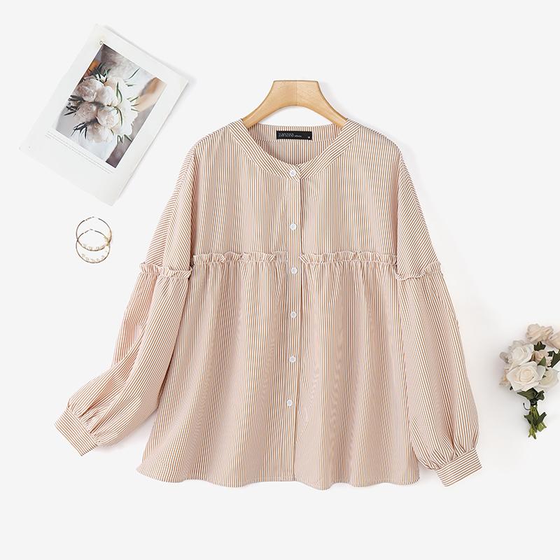 ZANZEA Women Casual Round Neck Loose Long Sleeve Stripe Blouse