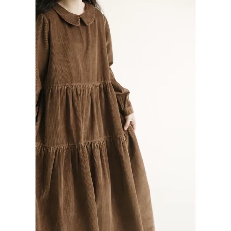 Japanese Style Corduroy Doll Collar Autumn A-Line Long-Sleeve Dress