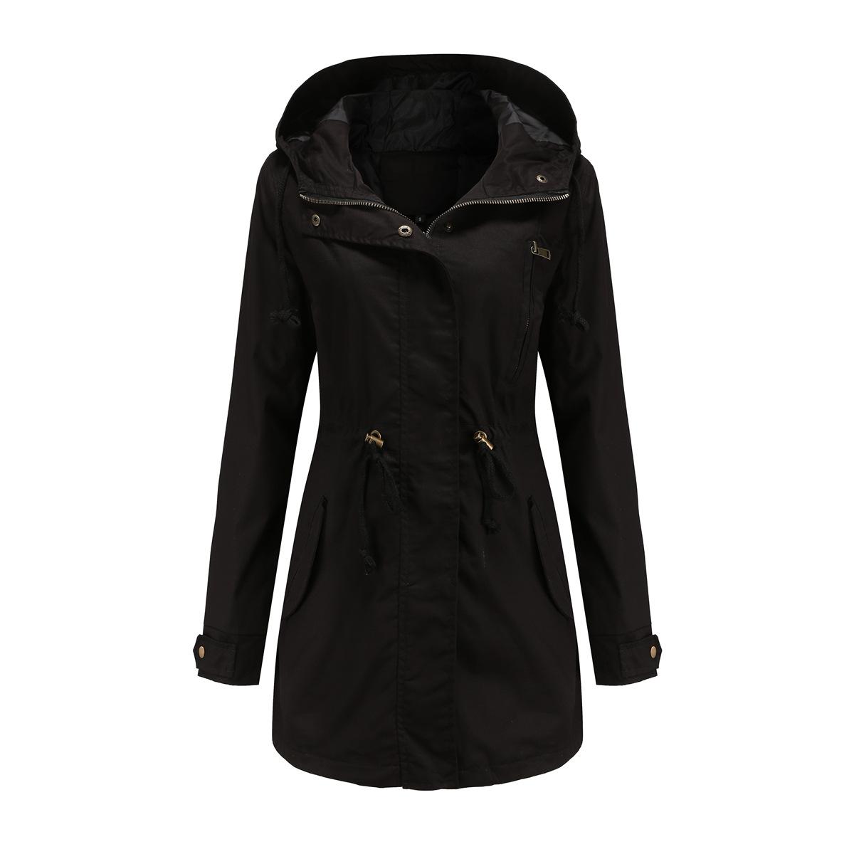 

Burgundy Women Hooded Jacket, Green Long Sleeves Windproof Jackets Fashion Casual Coat Black Blue Coffee Khaki XS-4XL XXXXL чорний