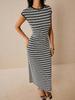 European and American Striped Color-Block Sleeveless Sheath Dress with Cinched Waist, Round Neck, Mid-Length