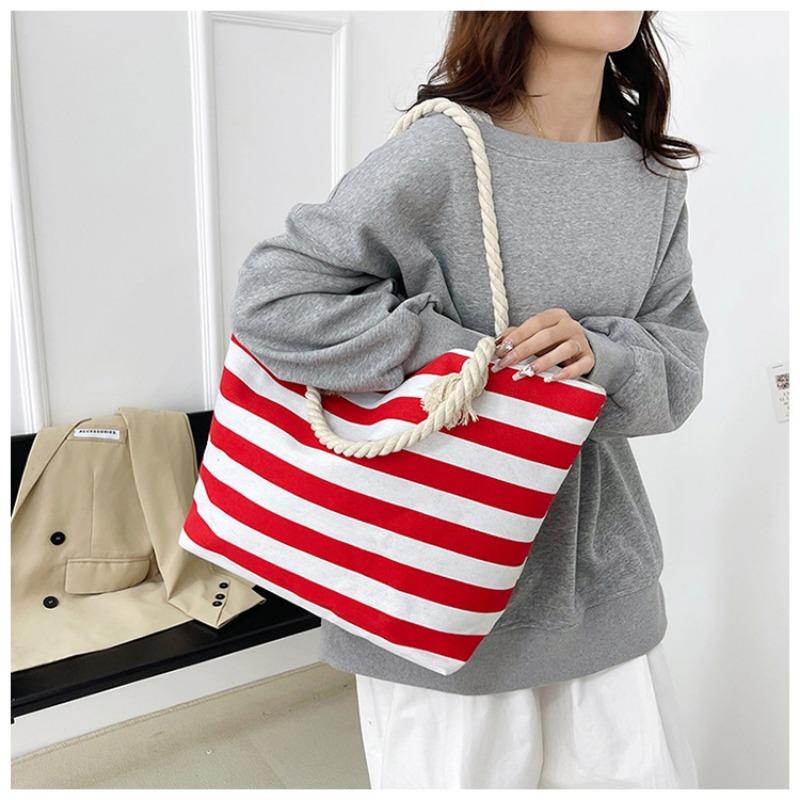 New Striped Large Capacity Shopping Bag Compilation Tote Bag