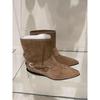 Cowhide version niche pointed short boots western cowboy boots women's thick heel belt buckle leather boots martin boots
