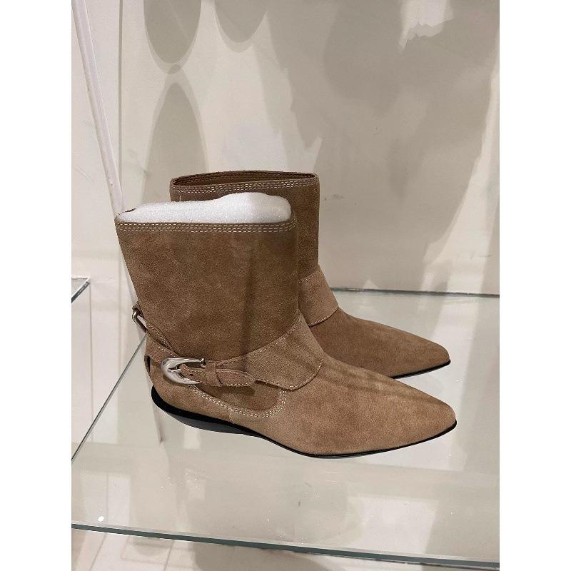 Cowhide version niche pointed short boots western cowboy boots women's thick heel belt buckle leather boots martin boots