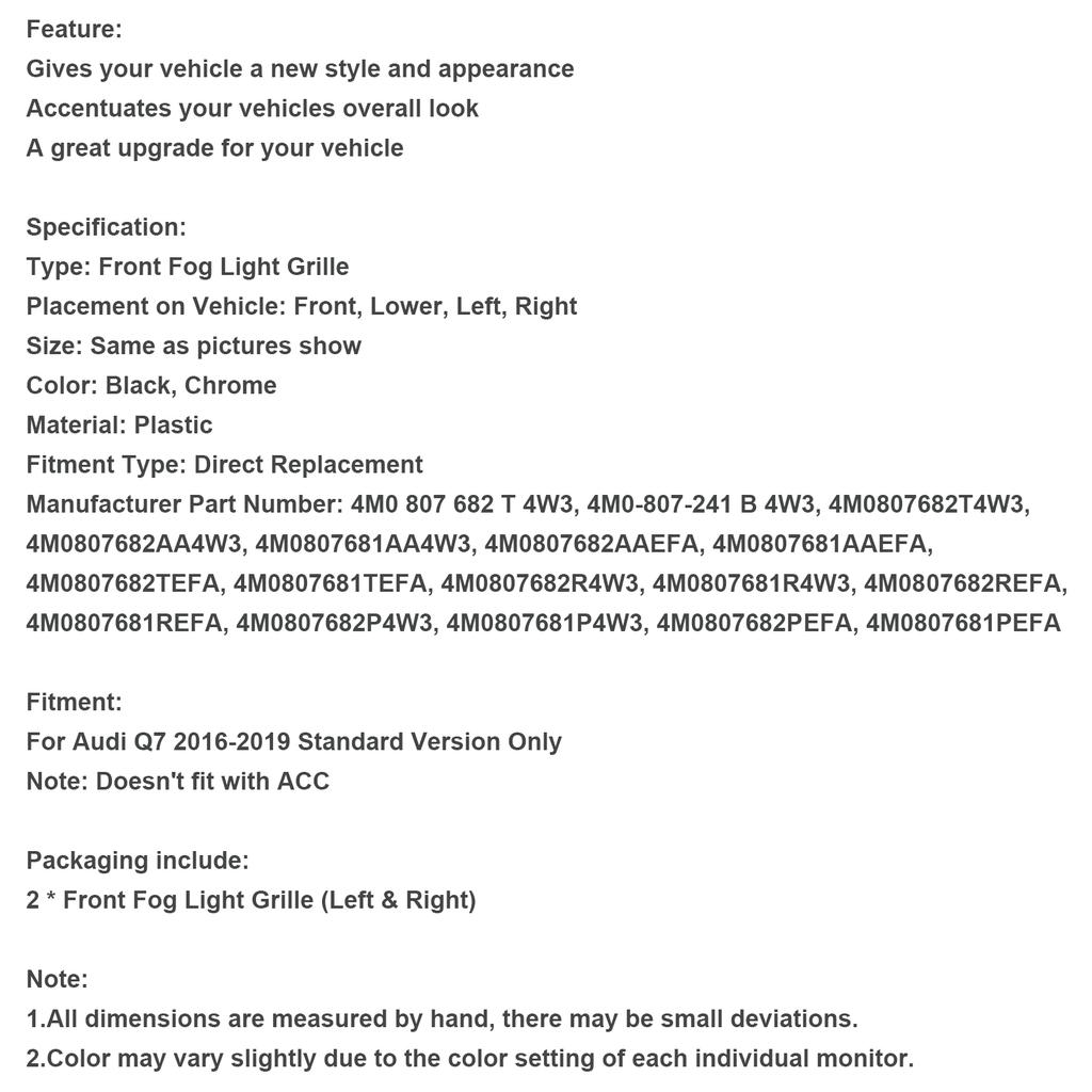 Främre stötfångarkåpa Dimljusgaller Raminsatsgaller 4M0807681TEFA 4M0807682R4W3 Passar Q7 2016-2019