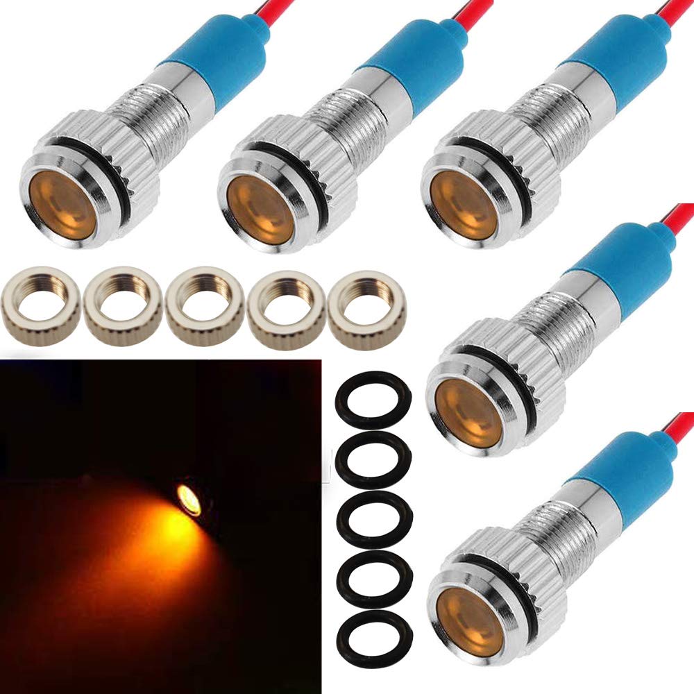 CESFONJER 5pcs 8mm 1/4" LED Metal Indicator Light Waterproof Signal Lamp Pilot Dash Directional Car Truck Boat Wire (Yellow)
