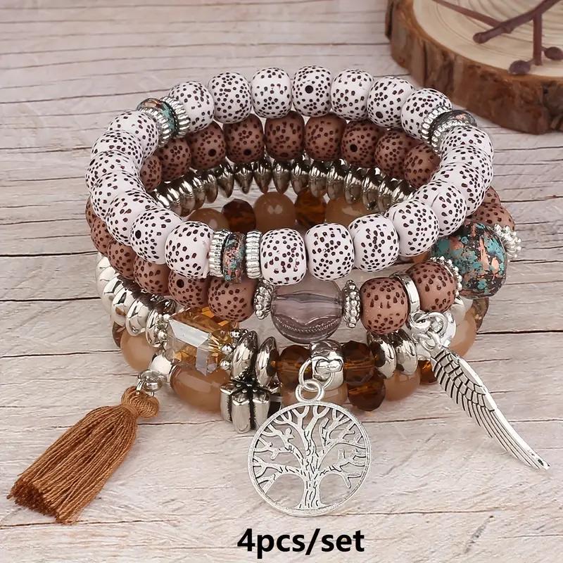 4pcs Bohemian Tree of Life & Feather Wing Pendant Bracelets - Handmade Acrylic Couples' Bangle , Bohemian Handcrafted Bracelets For Women& Men