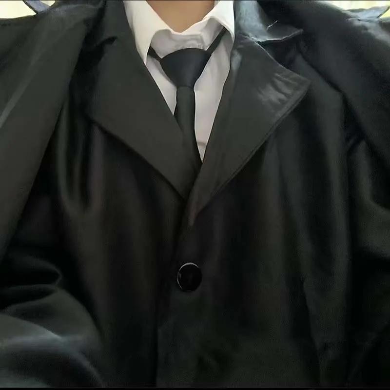 Men Black Suit Outfit Long Trench Coat Vest Shirt Tie Gloves Full Set Halloween Carnival Party Cosplay Costume for Adult Men