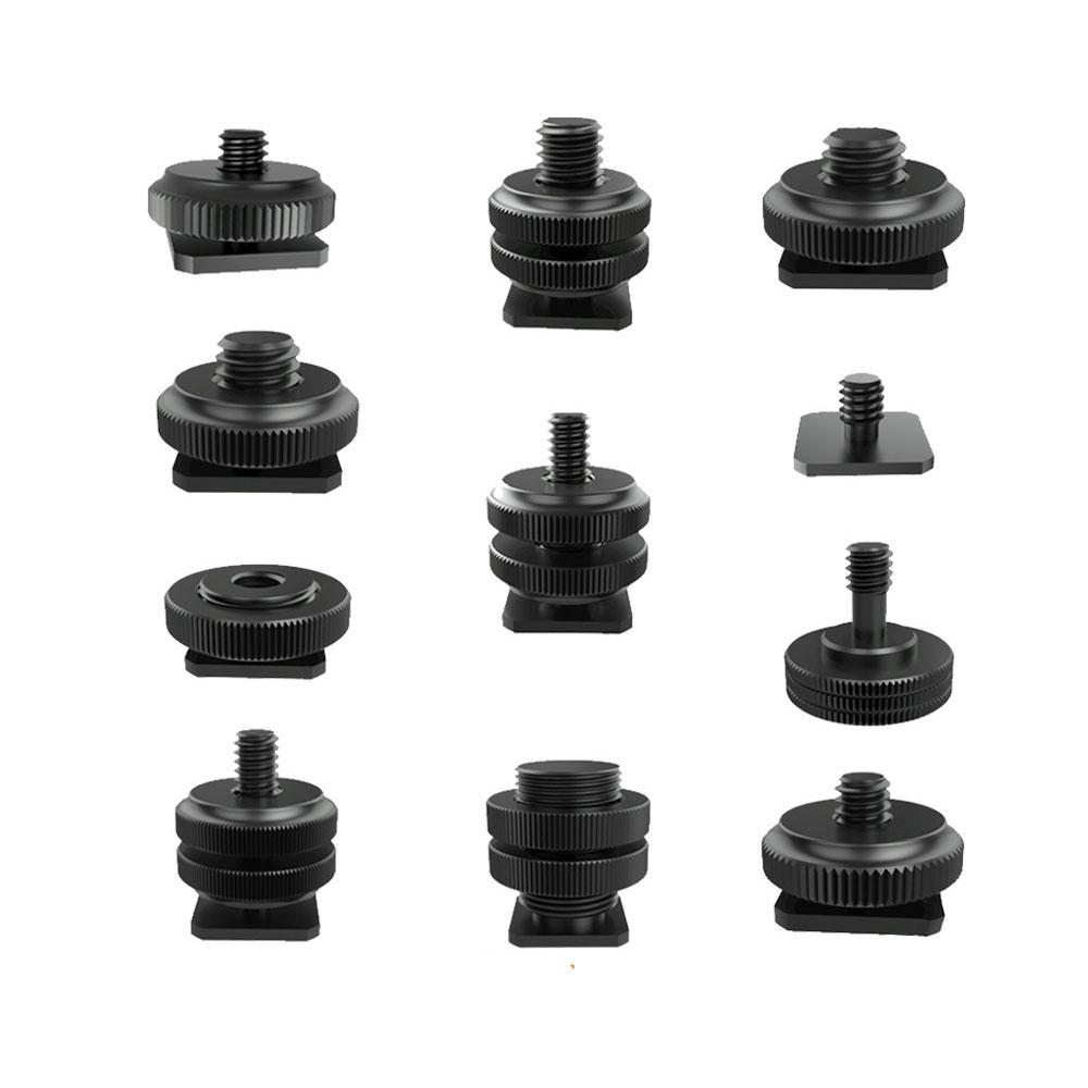 1/4 Camera Hot Shoe Mount with 3/8 Cold Shoe Adapter, 5/8 Adapter Base & Tripod Head Extension Screw for Flash Stand Base