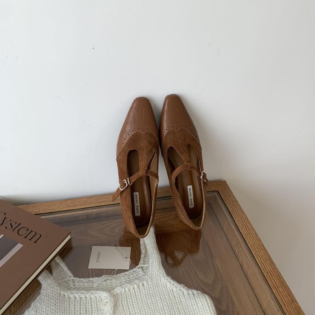 2025 new matte suede splicing one-word belt inner slope heel shallow mouth versatile commuter work women's shoes