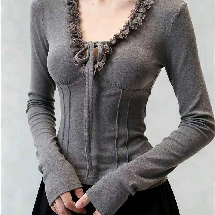 Women s Chic Lace-Up V-Neck Long-Sleeve Slim Fit Fleece Top XL