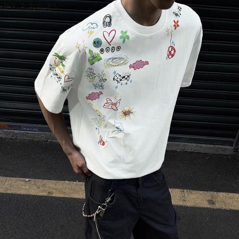 INCERUN Summer Men Short Sleeve Cartoon Print Casual T-shirts Tee