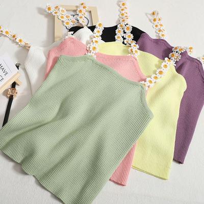Summer Sweet Flower Camisole Vest for Women Tight Fitting, Inner and Outer Short Knit Top for Students