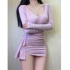 Fashionable, Sexy, Pure V-neck Long-sleeve Dress, Women's Spring, New Slimming Inner Layer, Hip-hugging Short Skirt