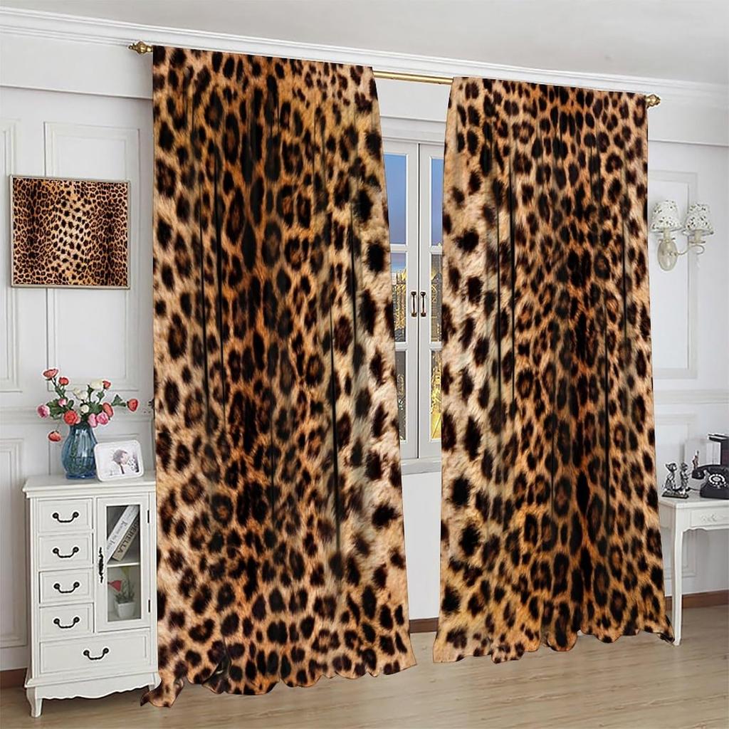 Leopard Print Curtains Brown Animal Fur Printed Lightweight Dcor Window Treatments Women Girls Bedroom Living Room Wildlife Curtain Polyester Ideal