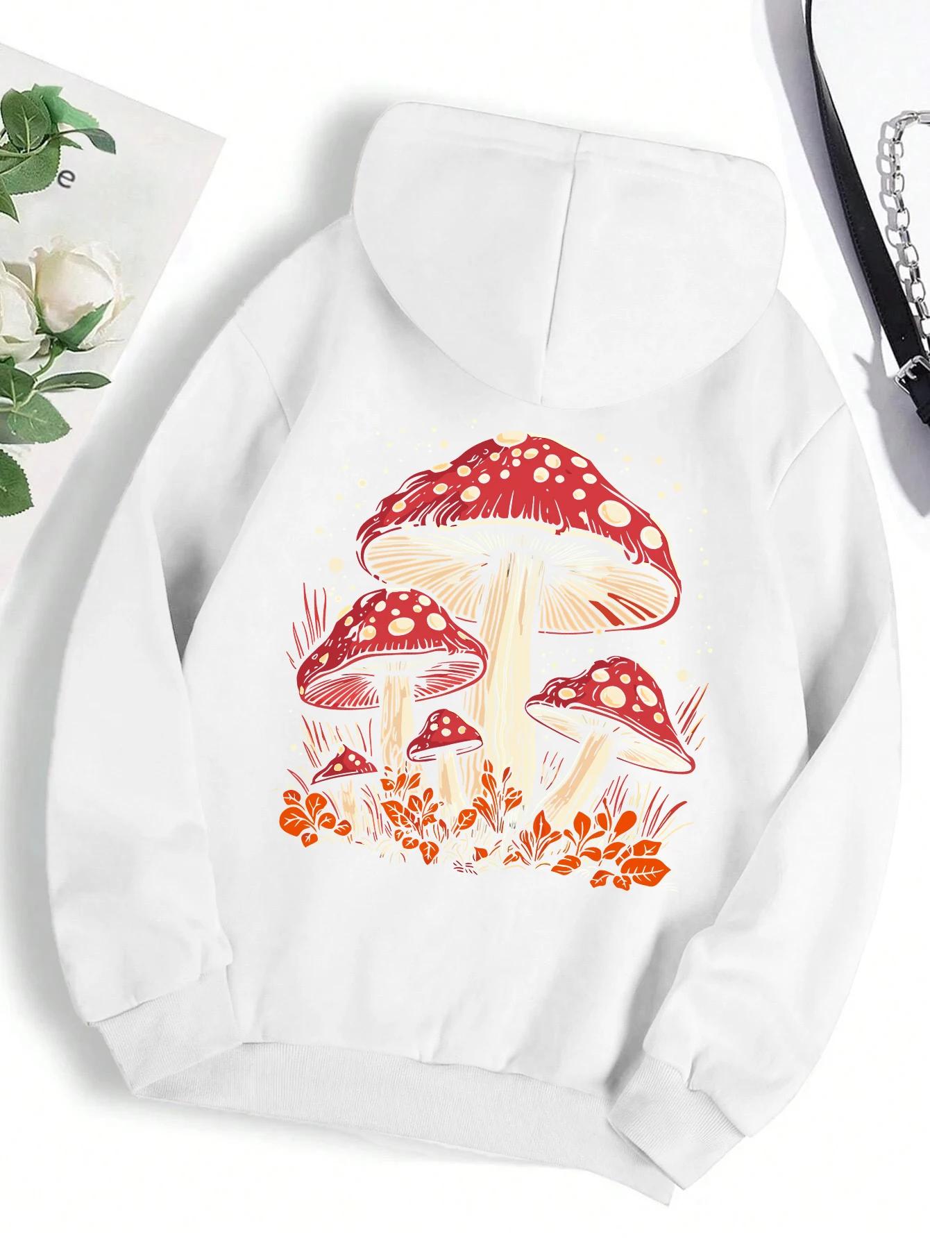 Красный гриб Личность Графическое худи для женщин Харадзюку Повседневный свитшот Модный флисовый худи Осенний теплый S-XXL Женские топы S