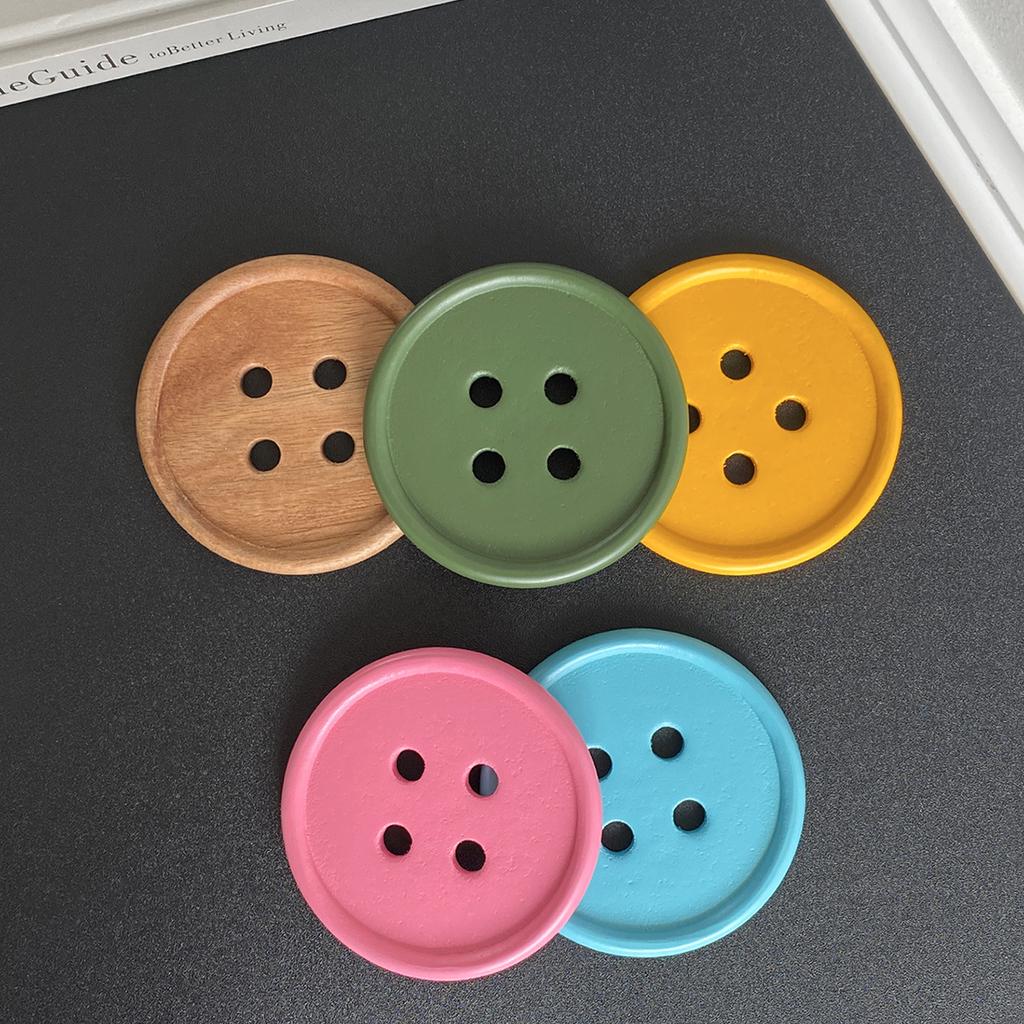 6-Piece Original Colorful Button Coaster Set with Cross-Shaped Iron Rack Coaster Holder Dopamine Round Wooden Coasters Exquisite Coffee Cup Holders