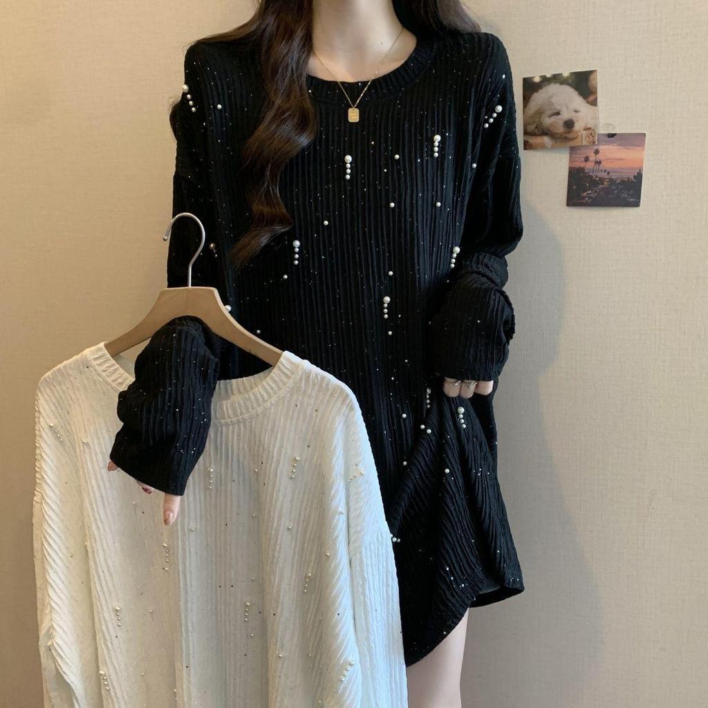 Plus Size Hand-Beaded Long-Sleeve Textured Starry Sky Top - Slimming & Flaw-Hiding