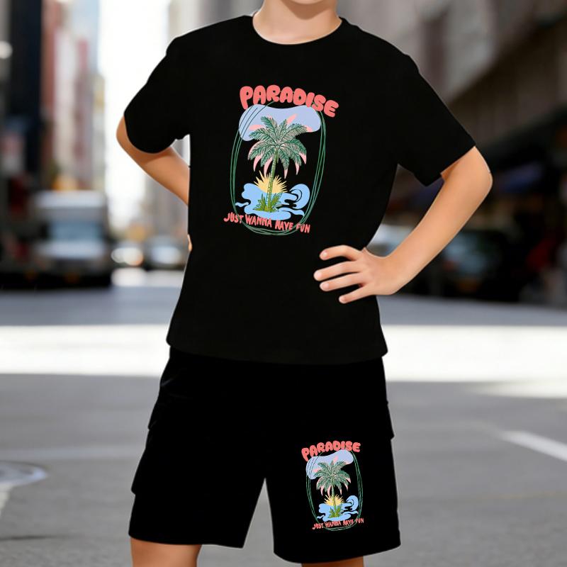

Boys 2 Piece Tropical Vacation Themed Printed Outfit, Short Sleeve T-Shirt and Shorts Set for Kids Age 5-14,White Sporty Casual Summer Clothes 5-6 Years чёрный