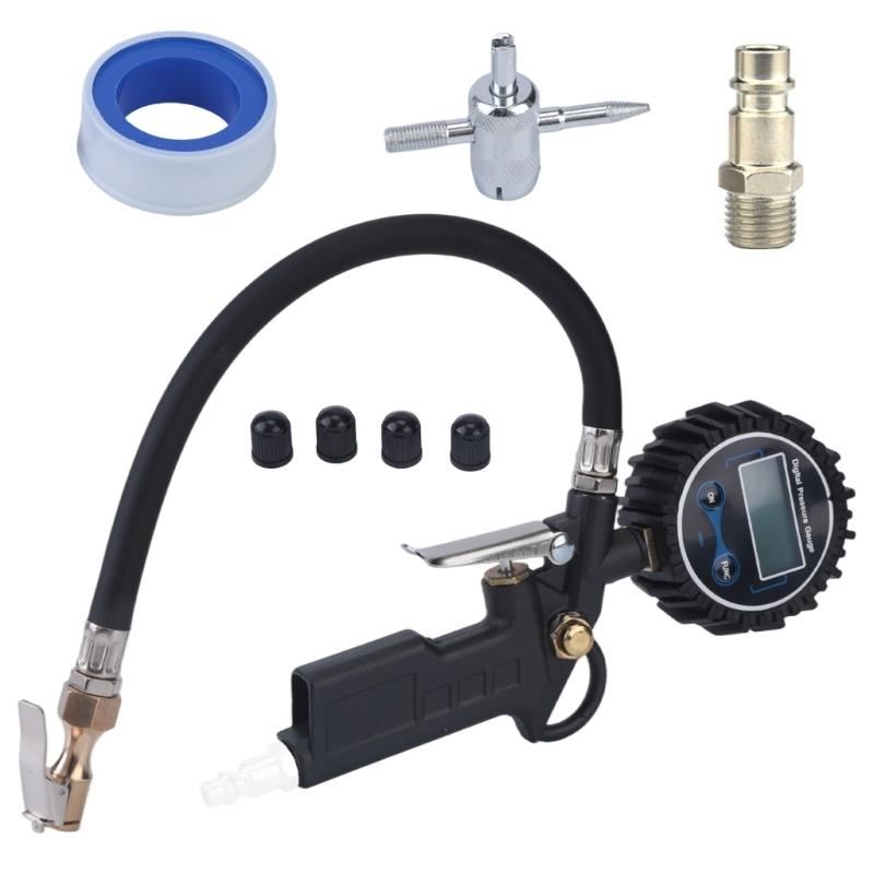 Digital Tire Inflator for Car and Motorcycle Tire Care with Lighted Pressure Display, Hose Tool and Grip Body Design