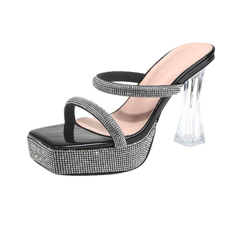Fashion Rhinestone Sandals Women's Shoes 2025 Summer Trend Fashion Square Toe Crystal Heel Slippers Simple Shiny Vacation with Skirt
