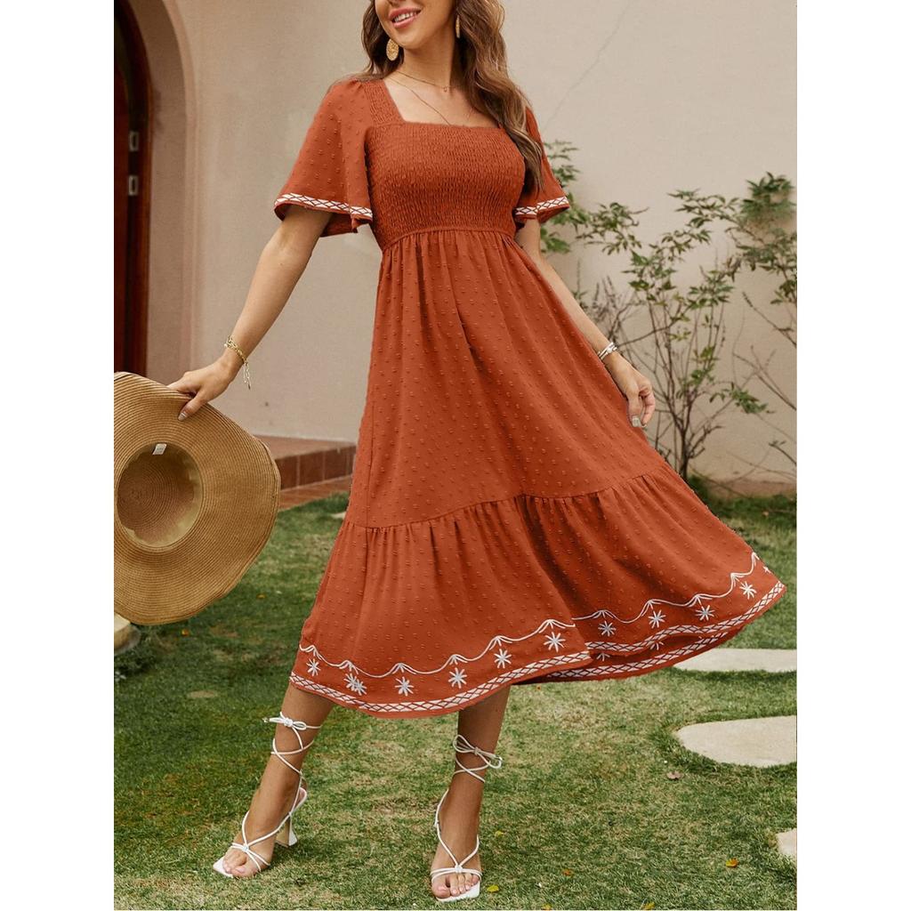 Vestido Largo Maxi de Verano para Mujer, Manga Corta, Fruncido, Cuadrado, Línea A, Fluido