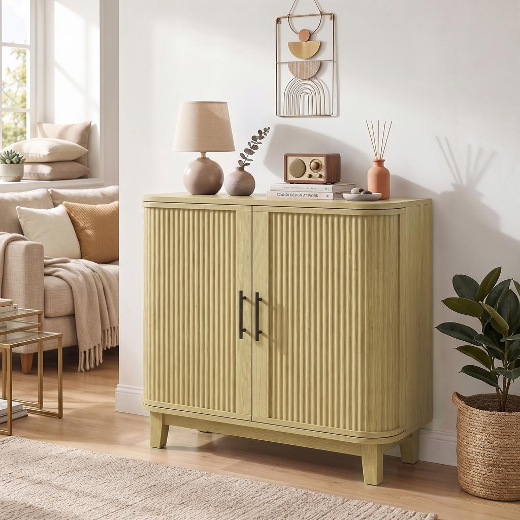 80cm Sideboard Buffet Cabinet, Storage Cabinet with 2 Curved Doors, Adjustable Shelf and Legs for Dining Room, Oak