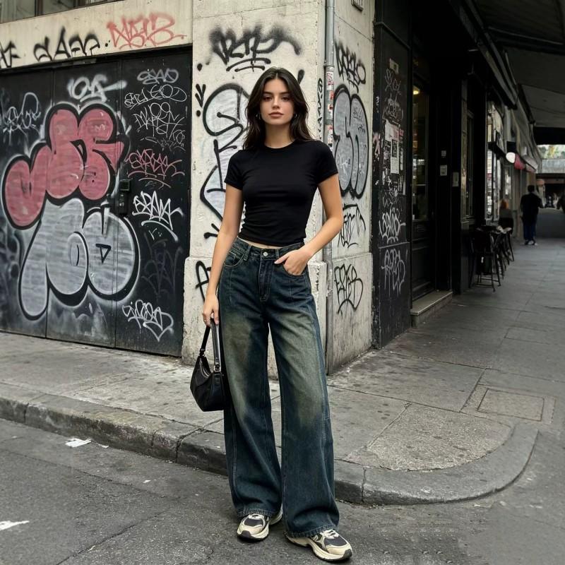 Womens High-Waisted Wide-Leg Straight Cut Denim Jeans Water Washed Comfort Fit Casual Office Wear